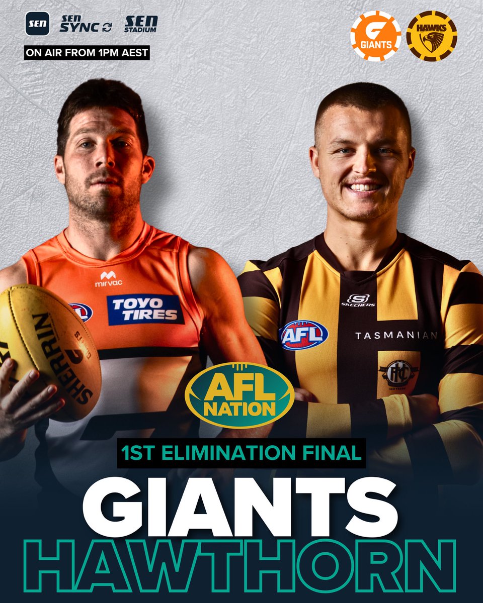 🔜 🏈 <a href="/GWSGIANTS/">GWS GIANTS</a> 🆚 <a href="/HawthornFC/">Hawthorn FC</a> 

𝗬𝗼𝘂𝗿 𝗰𝗼𝗺𝗺𝗲𝗻𝘁𝗮𝘁𝗼𝗿𝘀:
🎙 Gerard Whateley
🎙 Andy Maher
🎙 Nick Davis

📲 sen.lu/SENApp 
📻 sen.com.au 

#AFLGiantsHawks #AFLFinals 🏆
