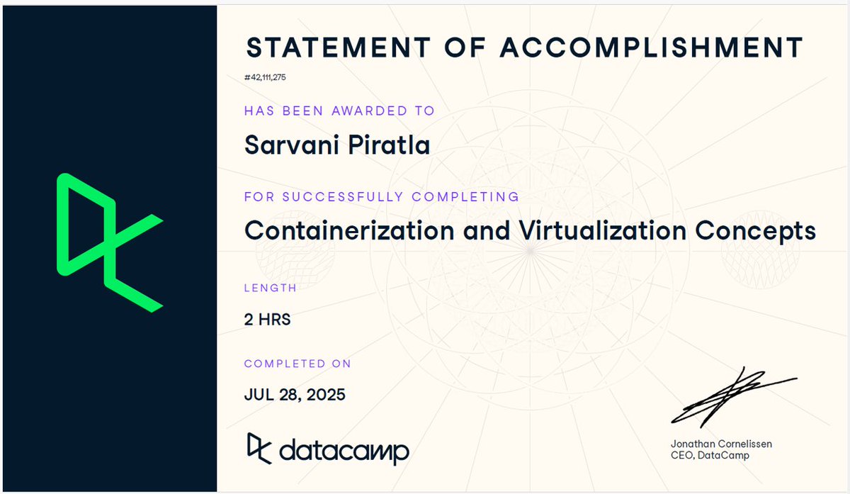 sphavisha's tweet image. Did a #DataCamp course on Containerization &amp;amp; Virtualization concepts 🖥️

Covered:

☑️VMs vs containers
☑️Docker &amp;amp; Kubernetes basics
☑️Reading Dockerfiles
☑️Running first containerized app

Great foundation for modern infra &amp;amp; dev workflows.

#SPReboot 20/n