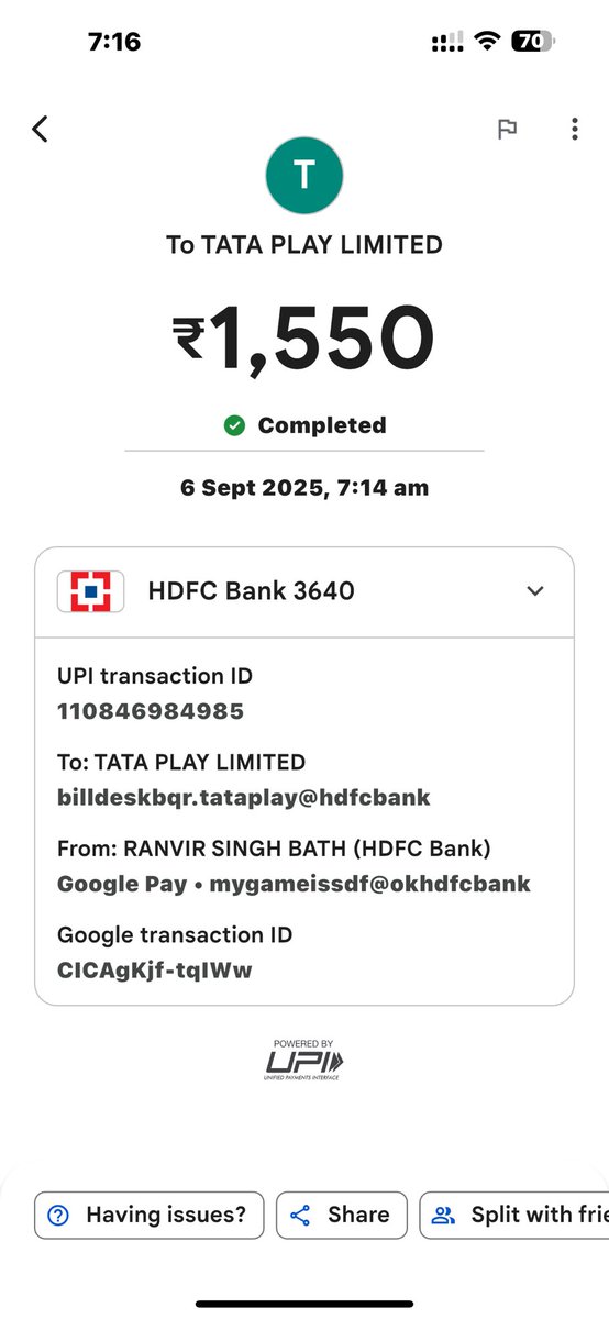 bath_ranvir's tweet photo. @TataPlayin Tata customer care support offered me no refund for my lost amount, they didnt even take down my Google pay transaction details, I checked with Google support they said the transaction was successful from their end so the fault lies with Tata, I want refund ASAP my money is gone https://t.co/HIU0g1EkwP