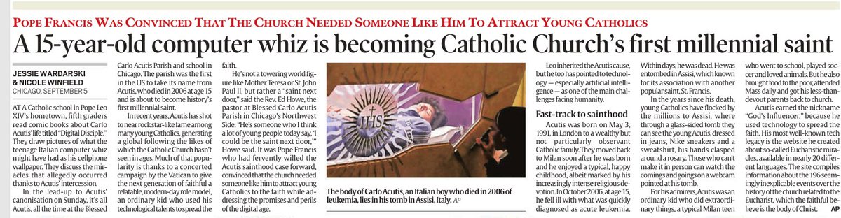 KaliKamlesh's tweet image. 🖥️✨ From coding miracles to becoming one: Carlo Acutis, the 15-year-old tech whiz, is set to be the Catholic Church’s first millennial saint. Pope Francis sees him as a digital-age beacon for young believers. #SaintCarlo #FaithMeetsTech #MillennialSaint