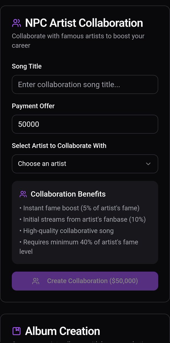 🔥 New Update Just Dropped🔥

💼 Wealth Management: Buy property, cars, invest, take loans &amp; build credit
🎵 "My Labels" tab: Run your own record label (early access expect bugs)
🤝 NPC Collabs: Pay to feature top artists — no clout, no verse 🎤