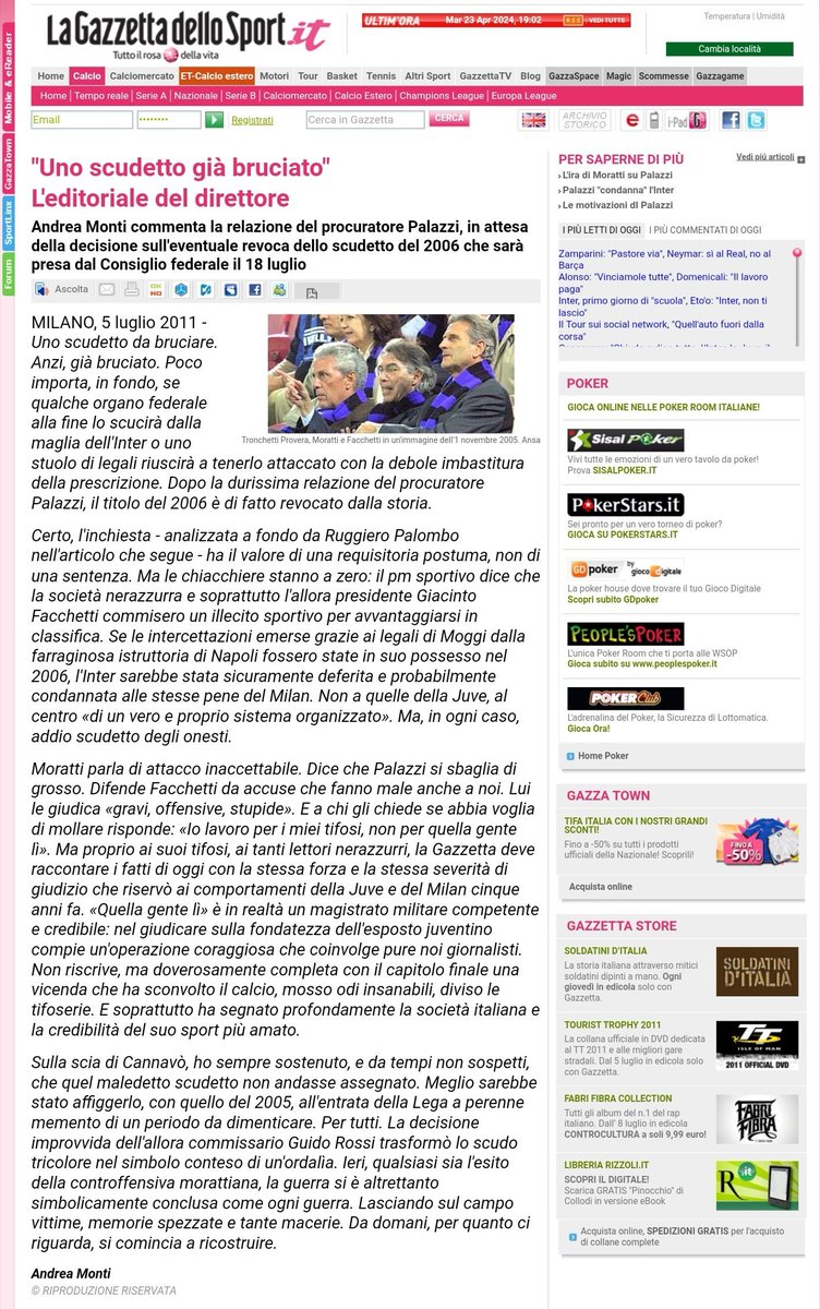 HollandGaeth's tweet photo. @massimozampini Io una chiacchierata con l'ex Dir.
della Gazzetta, Andrea Monti, me l'andrei
a fare ....
è sparito dalla circolazione 🤔
"uno scudetto da bruciare, anzi già bruciato"
E poi, c'è Facchetti jr che ne ha sempre chiesto la restituzione, se lo dice lui ....
#IlPalmaresNonSiPrescrive https://t.co/r07jADKEgS