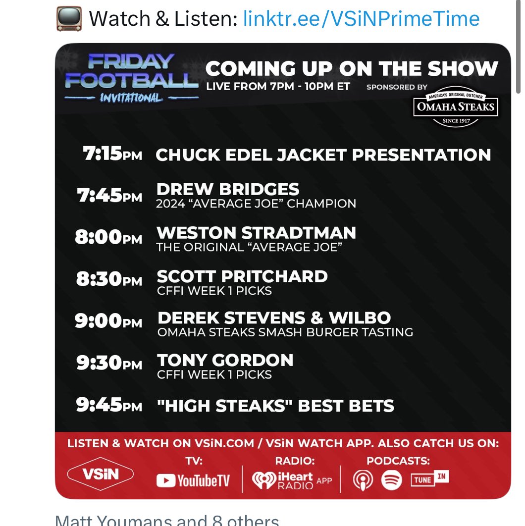 Durbify (@durbify) on Twitter photo Thank you for having me on the show tonight. What an amazing contest with a field of the very best in the business. Honored to be in the mix. Let’s have a season!
<a href="/mattyoumans247/">Matt Youmans</a> <a href="/VSiNLive/">VSiN</a> <a href="/Bill80/">Bill Adee</a> <a href="/DerekJStevens/">Derek Stevens</a> Thank you for having me on the show tonight. What an amazing contest with a field of the very best in the business. Honored to be in the mix. Let’s have a season!
<a href="/mattyoumans247/">Matt Youmans</a> <a href="/VSiNLive/">VSiN</a> <a href="/Bill80/">Bill Adee</a> <a href="/DerekJStevens/">Derek Stevens</a>