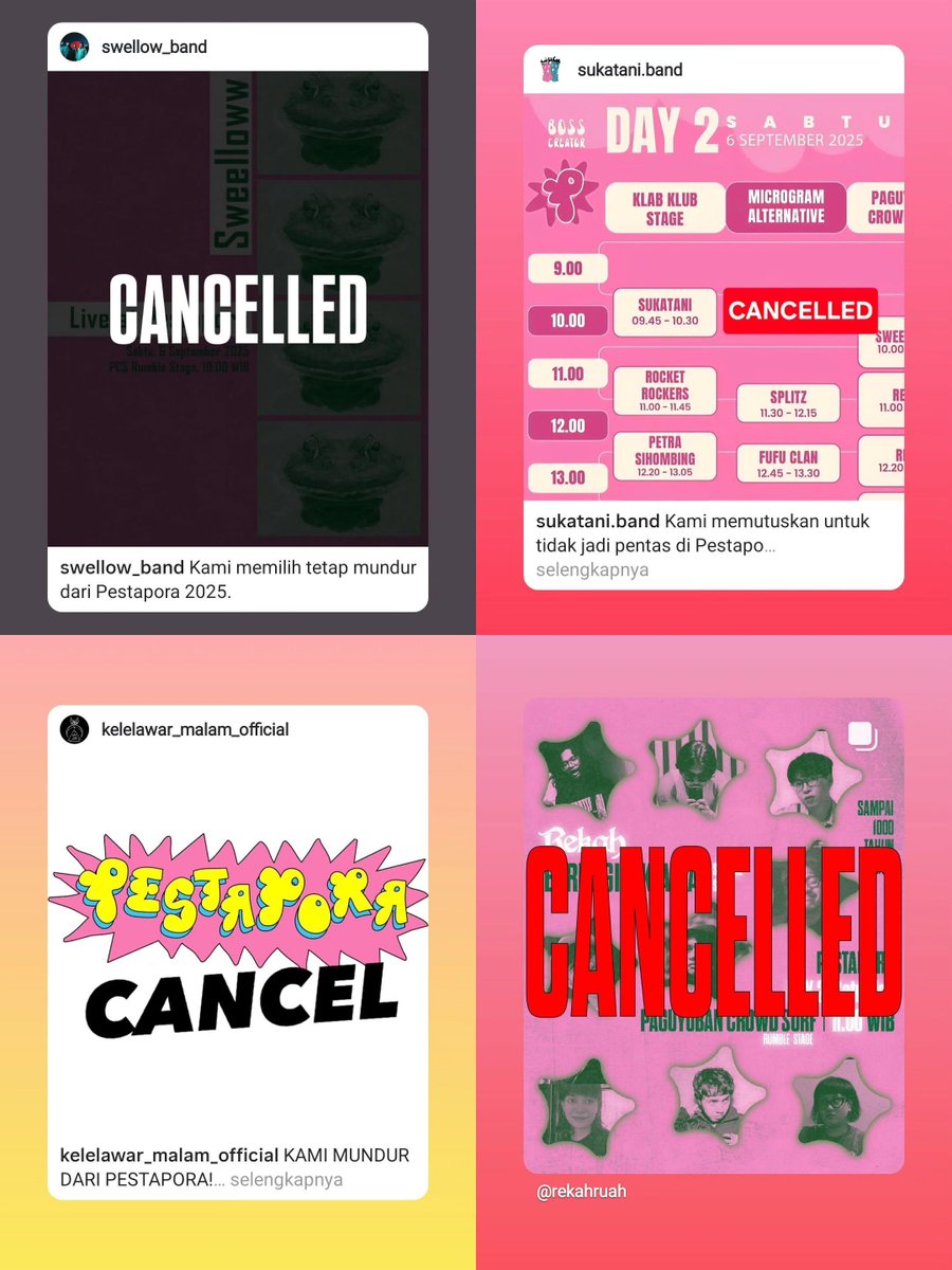 bangghulam's tweet photo. Daftar penampil yang membatalkan diri dari Pestapora:
- Barefood
- Durga
- Keep It Real
- Rrag
- Negatifa
- Ornament
- Kenya
- Pelteras
- Petra Sihombing
- Centra
- Navicula
- The Jeblogs
- Swellow
- Sukatani
- Kelelewar Malam
- Rekah
- Leipzig
- Xin Lie https://t.co/X9FO8rBV8T