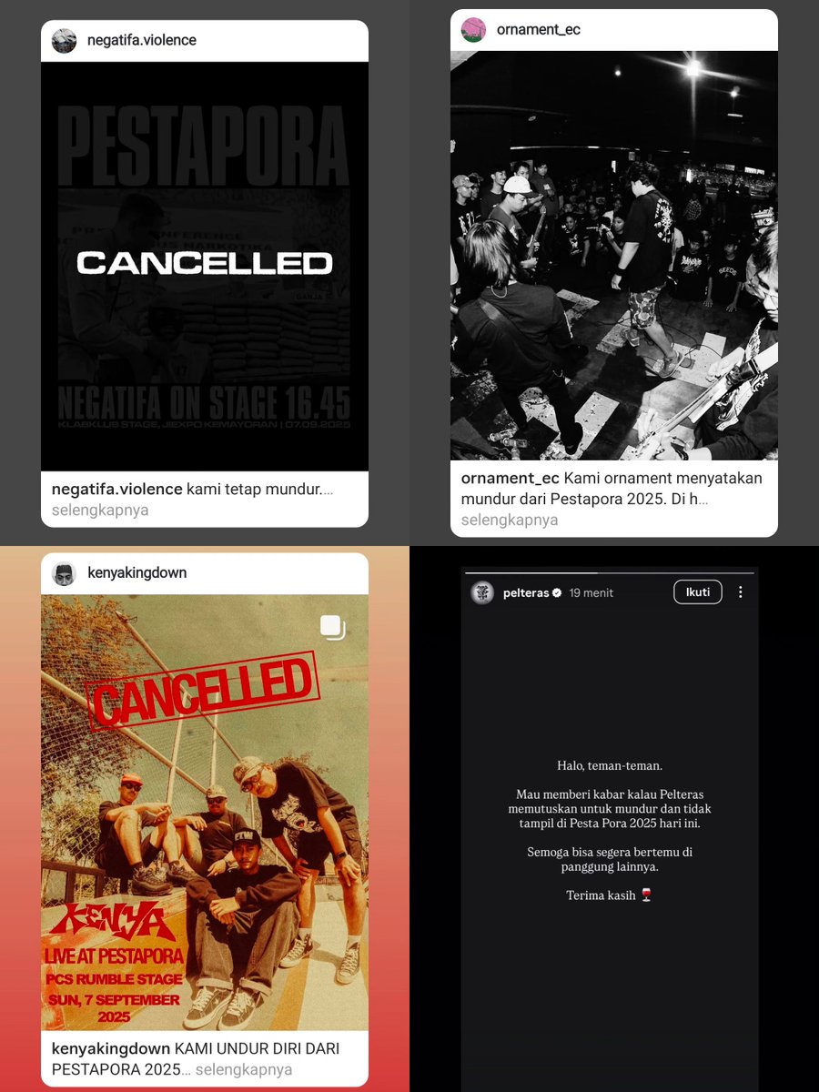 Daftar penampil yang membatalkan diri dari Pestapora:
- Barefood
- Durga
- Keep It Real
- Rrag
- Negatifa
- Ornament
- Kenya
- Pelteras
- Petra Sihombing
- Centra
- Navicula
- The Jeblogs
- Swellow
- Sukatani
- Kelelewar Malam
- Rekah
- Leipzig
- Xin Lie