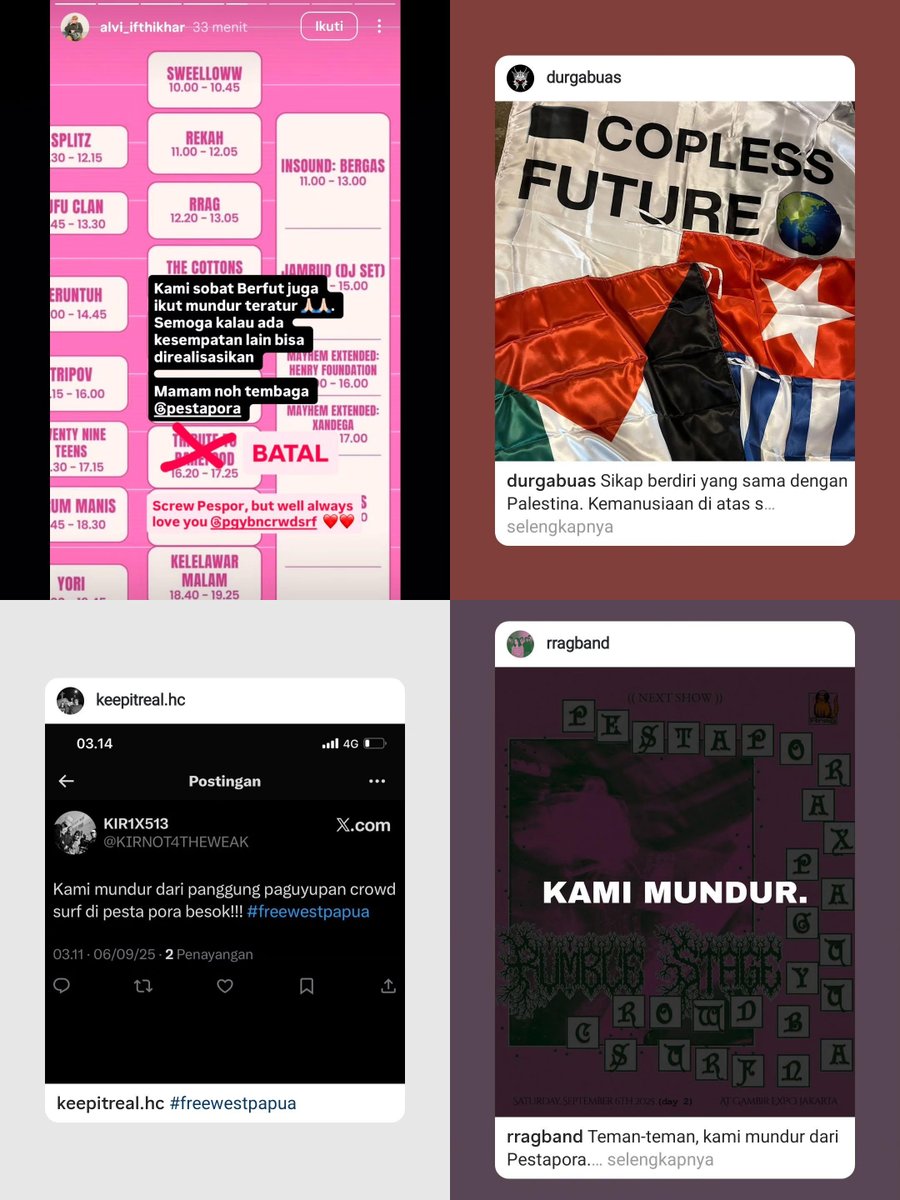 bangghulam's tweet photo. Daftar penampil yang membatalkan diri dari Pestapora:
- Barefood
- Durga
- Keep It Real
- Rrag
- Negatifa
- Ornament
- Kenya
- Pelteras
- Petra Sihombing
- Centra
- Navicula
- The Jeblogs
- Swellow
- Sukatani
- Kelelewar Malam
- Rekah
- Leipzig
- Xin Lie https://t.co/X9FO8rBV8T