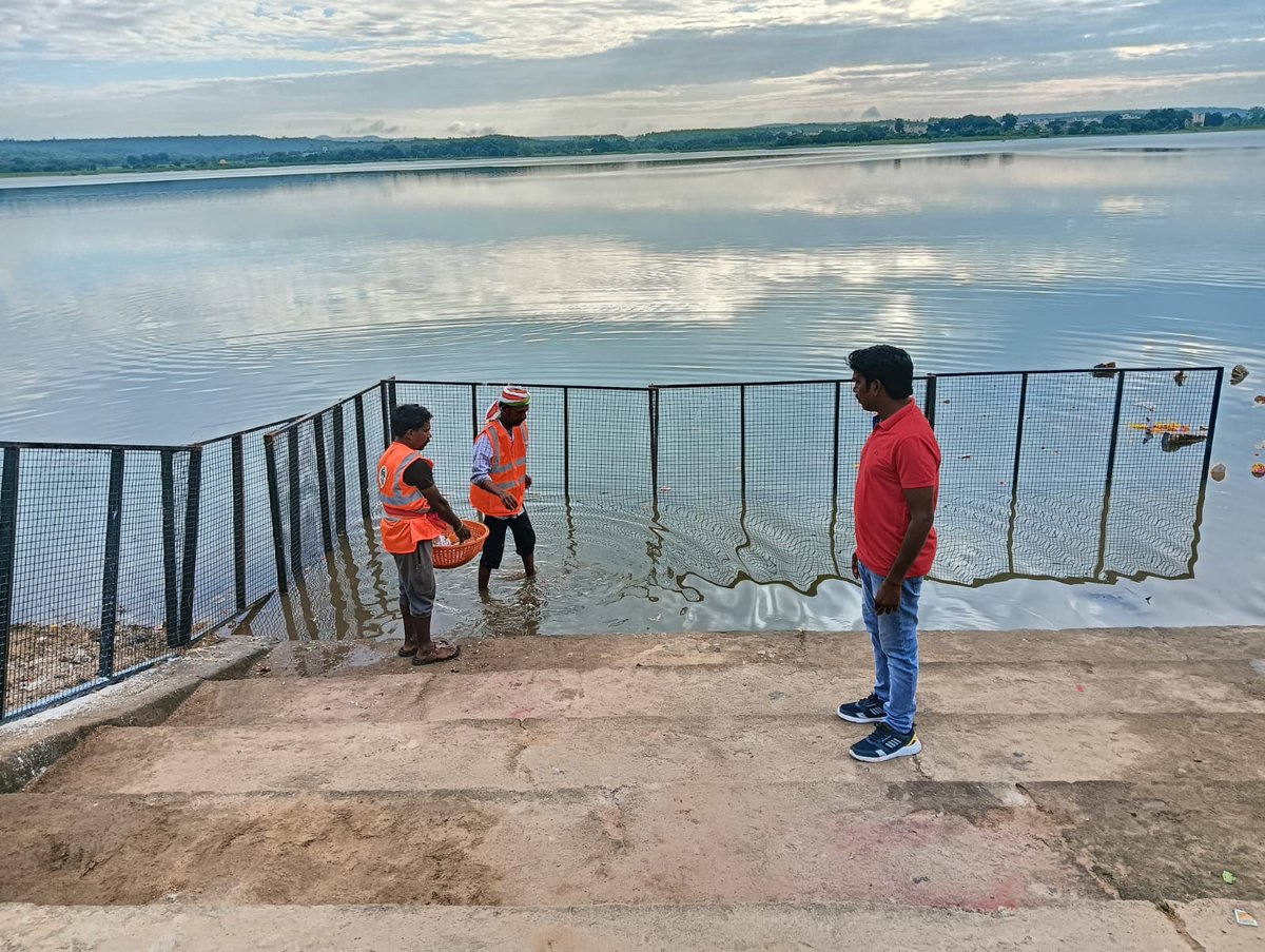 Cleaning work in progress for Ganesh immersion at Bangalpet lake