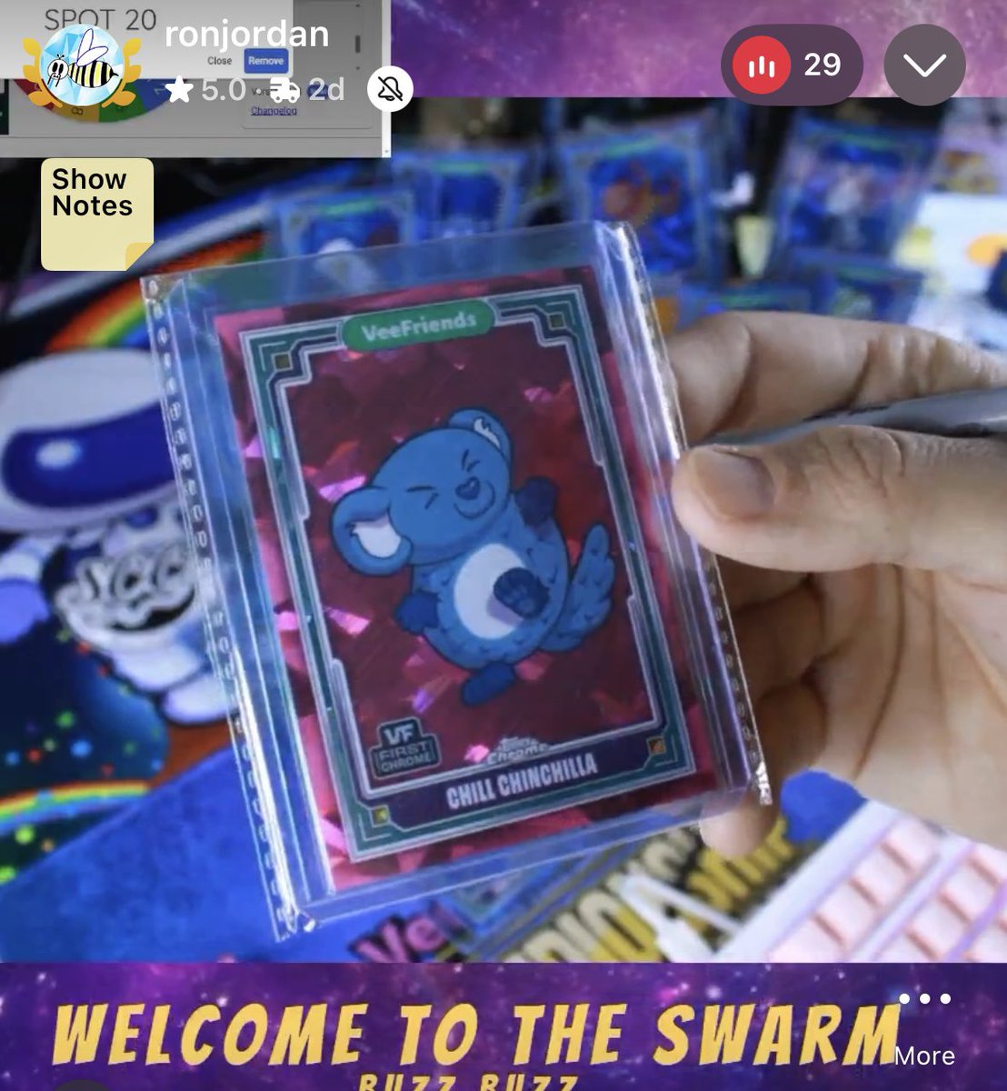 The <a href="/veefriends/">VeeFriends</a> <a href="/Topps/">Topps</a> Chrome Sapphire  Padparadscha Chill Chinchilla was pulled by <a href="/TheStarsPodcast/">Ron Jordan ✳️ Web3 Sensei</a> on The Swarm!
Congratulations to TheBulldogFamily who claimed the beauty with the 1st draft pick!