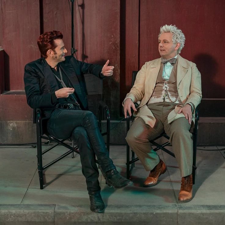 this picture is so funny because it's clearly just david and michael but it also looks like aziraphale and crowley bodyswapped again