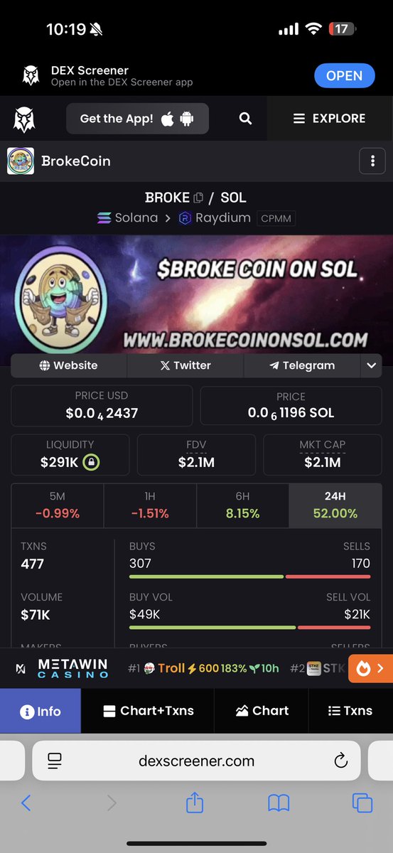 BrokecoinonSol's tweet photo. $BROKE What’s up fam! It’s been a crazy day, especially if you’ve been in the telegram! 

As you can see from the screenshot, $BROKE has absolutely been sending it! The #airdrop campaign will conclude in 1 1/2 hours, so it’s the last chance to mint a #nft if you haven’t minted one yet. 

At 11:59pm EST (3:59am UTC) airdrop recipients will be decided upon! Councilors must have their 10 NFTs in their wallet! 

The biggest buy content will also conclude at the same time. So it’s your last chance for both, but, it’s not gonna be the last one of both, you know that! 

Details for the airdrop date and raffle details will come out tomorrow, as well as winning amounts for the biggest buy contest! 

Get unbroke with $BROKE on $SOL

Ga4oZoNRLkZkruJpS8NLwa8DJCwKP9hbTBSNDQZ9V43v