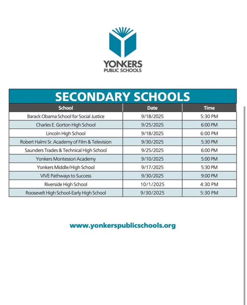 ✨ Yonkers Public Schools Open House Dates are now available!

👩‍🏫 Meet the Principal and Staff
👨‍👩‍👧 Meet the PTA &amp; Become a Member
🏫 Learn more about your child’s school and programs
🤝 Connect with the school community

<a href="/YonkersSchools/">Yonkers Public Schools</a> 
<a href="/AnibalSolerJr/">Aníbal Soler, Jr.</a>