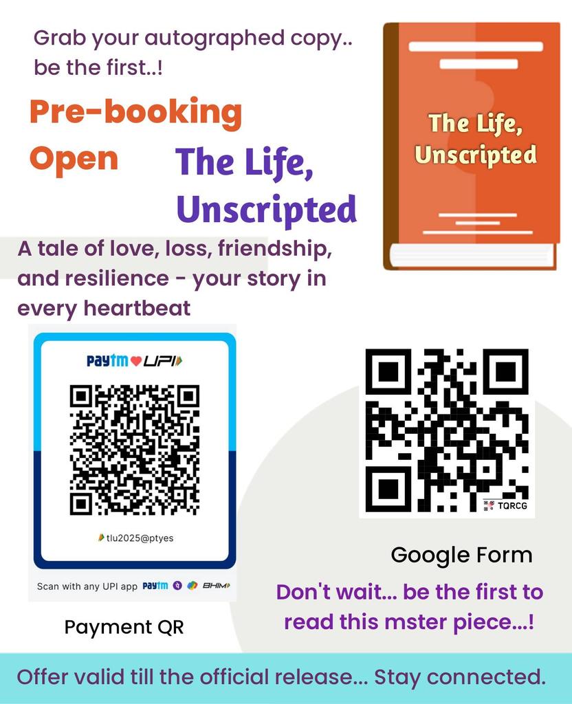 Kuldeep_Luhana's tweet image. 𝗣𝗿𝗲-𝗯𝗼𝗼𝗸𝗶𝗻𝗴 𝗢𝗽𝗲𝗻 - 𝗧𝗵𝗲 𝗟𝗶𝗳𝗲, 𝗨𝗻𝘀𝗰𝗿𝗶𝗽𝘁𝗲𝗱
Get your autographed copy,. Be the first to grab this opportunity..!
forms.gle/YqUc4xsk8AMLQQ…
#thelifeunscripted #comingsoon #novel #author #reader