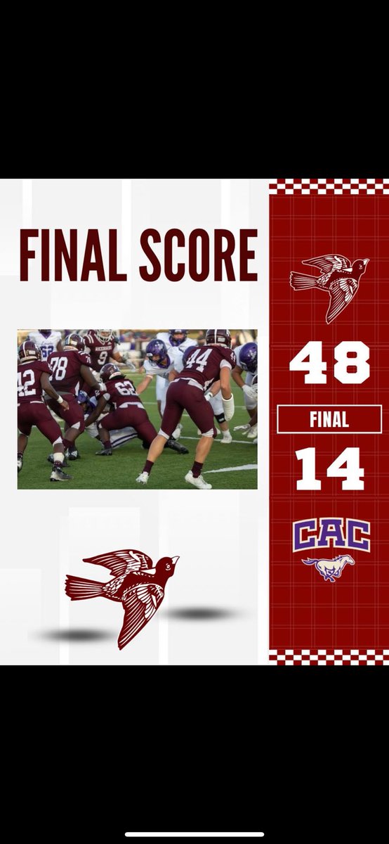 BIRDS WIN!

Cain Price-19/25  5TD’s 1INT 321 yards passing and 40 rushing

Tayquan Hall-92 Rushing Yards 1TD

Caiden Sims-2 Receptions 46 yards 2TD’s

QT Johnson-4 Receptions 131 yards 2TD’s

Bray Minor-Covington- 3 Receptions 41 yards 1TD