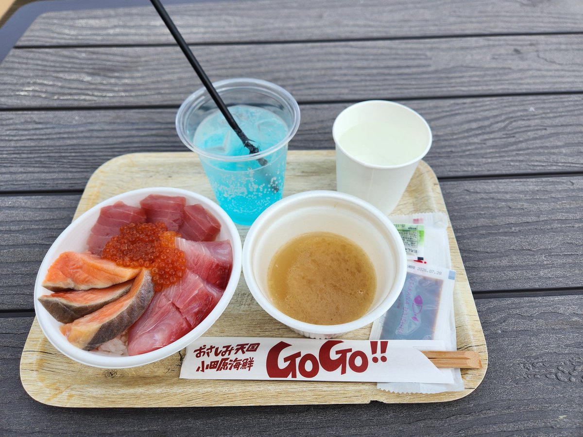 漁港の駅 TOTOCO小田原 3F眺望テラス(神奈川県小田原市)
2025/09/06撮影[リアルタイム投稿]
海鮮丼とラムネ。テラスは風が強い。