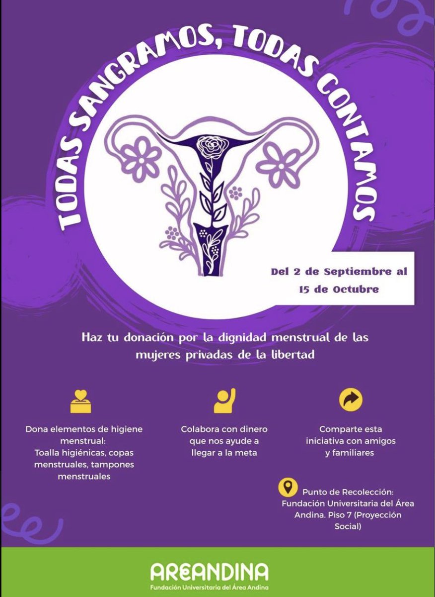 .<a href="/AreandinaVpar/">Areandina Valledupar</a> adelanta una campaña para entregar productos de higiene menstrual a mujeres privadas de la libertad. Están recolectando especialmente copas menstruales y toallas reutilizables. Más información ⬇️
#MenstruaciónDigna