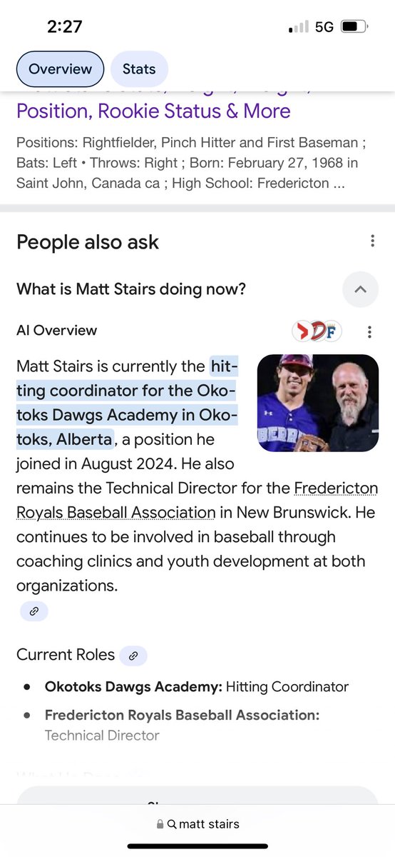 Googled Matt Stairs to get to his Baseball Reference page to dig down a rabbit hole sparked by chat w/ <a href="/JoeMcFarland/">Joe McFarland</a> and this is the first result.

Made me grin.

Still cool to have him as 🐶 fam.

<a href="/DawgsAcademy/">Okotoks Dawgs Academy</a> <a href="/Okotoks_Dawgs/">Okotoks Dawgs Baseball</a>