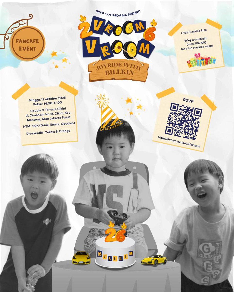BKPPFanUnionINA's tweet photo. Vroom Vroom : 26th Joyride With Billkin 🚘

#BBILLKIN Birthday Cafe Event In Jakarta ✨️

🗓 October 12th, 2pm - 5pm
📍 Double V Terrace, Cikini

RSVP : https://t.co/zc3lBnXpMC   (open at 12pm) 

☆ Limited Slot ☆ 

#26thJoyrideWithBillkin 
#bbillkin #besidebillkin https://t.co/hadQkdZ6BT