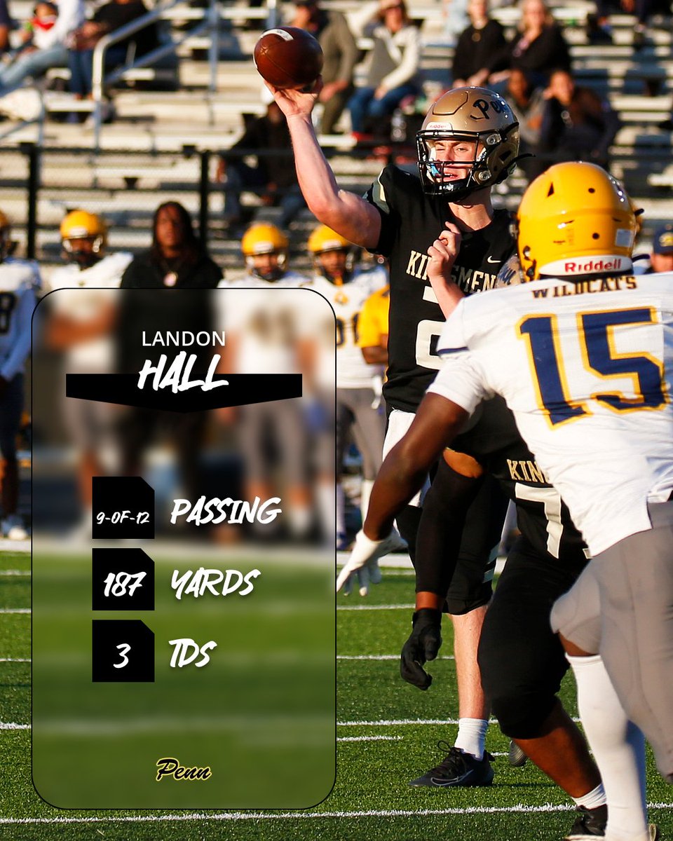 The_Pennant's tweet photo. Penn QB Landon Hall continues torrid start to season: 9-of-12 passing, 187 yards 3 TD in 49-6 win vs. S.B. Riley

This season, the 6-4, 203 All-State candidate is 33-of-46 passing (72% comp. rate), 542 yards, 6 TD. QBR an astronomical 150.4 (158.3 is best poss.).

#Power4Prospect https://t.co/KdoeZGg7O8