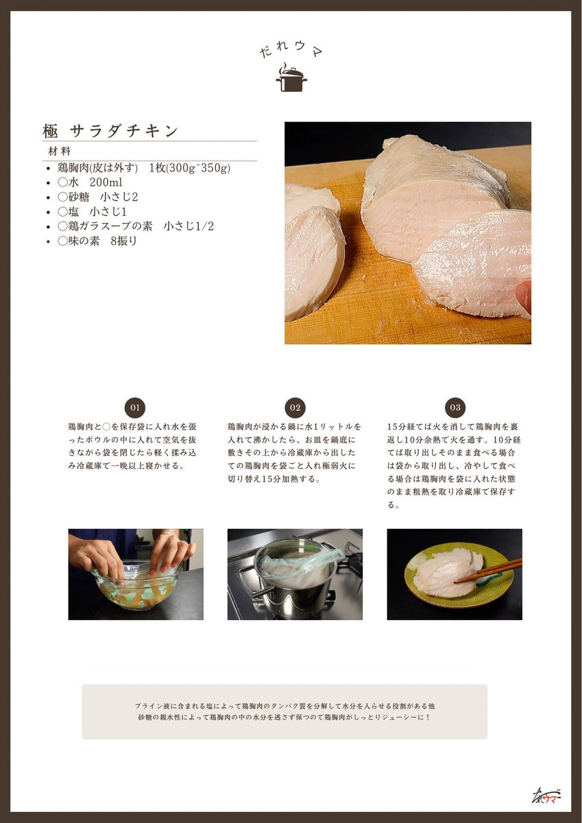 99.999%パサつかない。

毎日鶏むね肉を1枚食べる料理家が辿り着いたしっとり柔らかジューシーすぎる

『極サラダチキン』

コンビニのサラダチキンは買わなくなると思います

騙されたと思って試してみてください