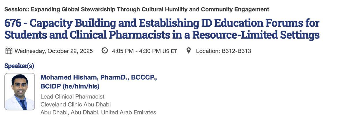 HishamZenith's tweet photo. 🤩Excited to speak at #IDWeek2025 19-22 Oct, Atlanta, Georgia
Don't miss session 260: Expanding Global Stewardship Through Cultural Humility and Community Engagement https://t.co/RybSNyJcfv moderated by @Payal_Patel @paulpottinger

#SIDP2025 #IDTwitter https://t.co/N7Dcqm7S8k