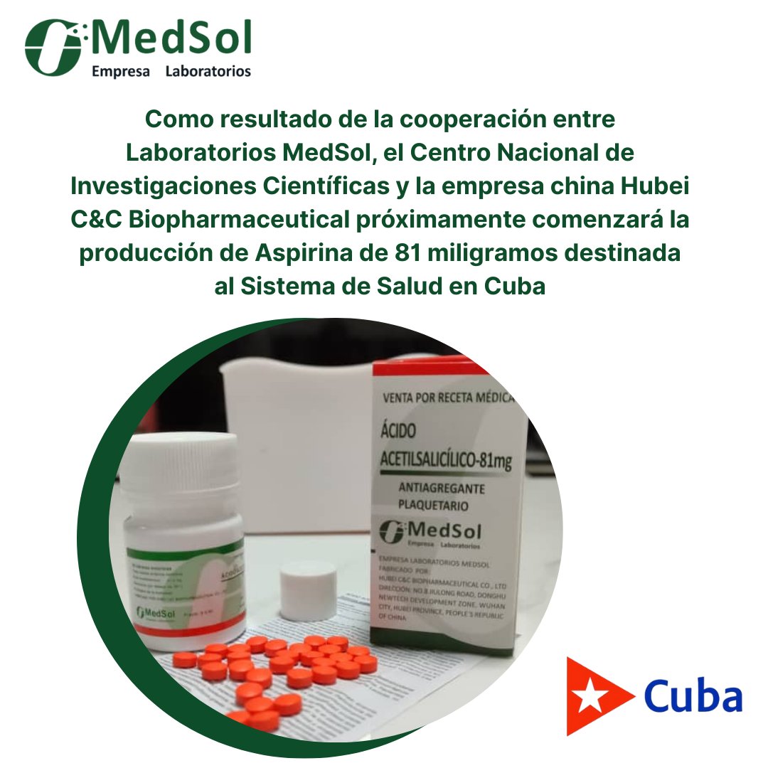 MEDSOL CUBA (@medsolcuba) on Twitter photo 🔴 La empresa <a href="/MedSolCuba/">Empresa Laboratorios MedSol</a> en alianza con el Grupo Nacional de Investigaciones Científicas (CNIC) y Hubei C&C Biopharmaceutical de #China, trabaja en la producción de aspirina de 81 milígramos que contribuirá a cubrir la demanda de este fármaco en #Cuba para el 2026. 🔴 La empresa <a href="/MedSolCuba/">Empresa Laboratorios MedSol</a> en alianza con el Grupo Nacional de Investigaciones Científicas (CNIC) y Hubei C&C Biopharmaceutical de #China, trabaja en la producción de aspirina de 81 milígramos que contribuirá a cubrir la demanda de este fármaco en #Cuba para el 2026.