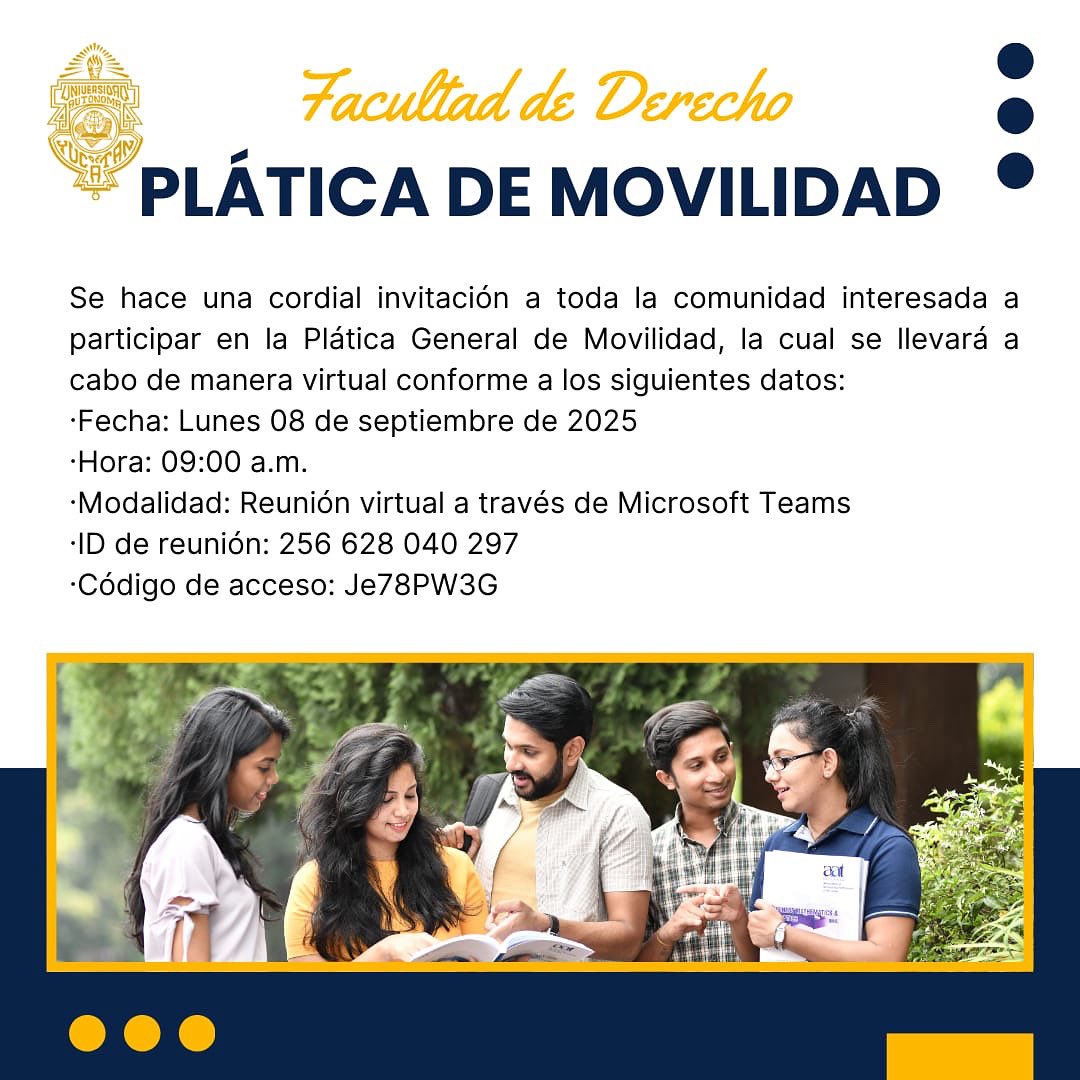 INVITACIÓN A PLÁTICA GENERAL DE MOVILIDAD
Fecha: Lunes 08 de septiembre de 2025
Hora: 09:00 a.m.
Modalidad: Reunión virtual a través de Microsoft Teams
ID de reunión: 256 628 040 297
Código de acceso: Je78PW3G
Agradecemos de antemano su puntual asistencia.