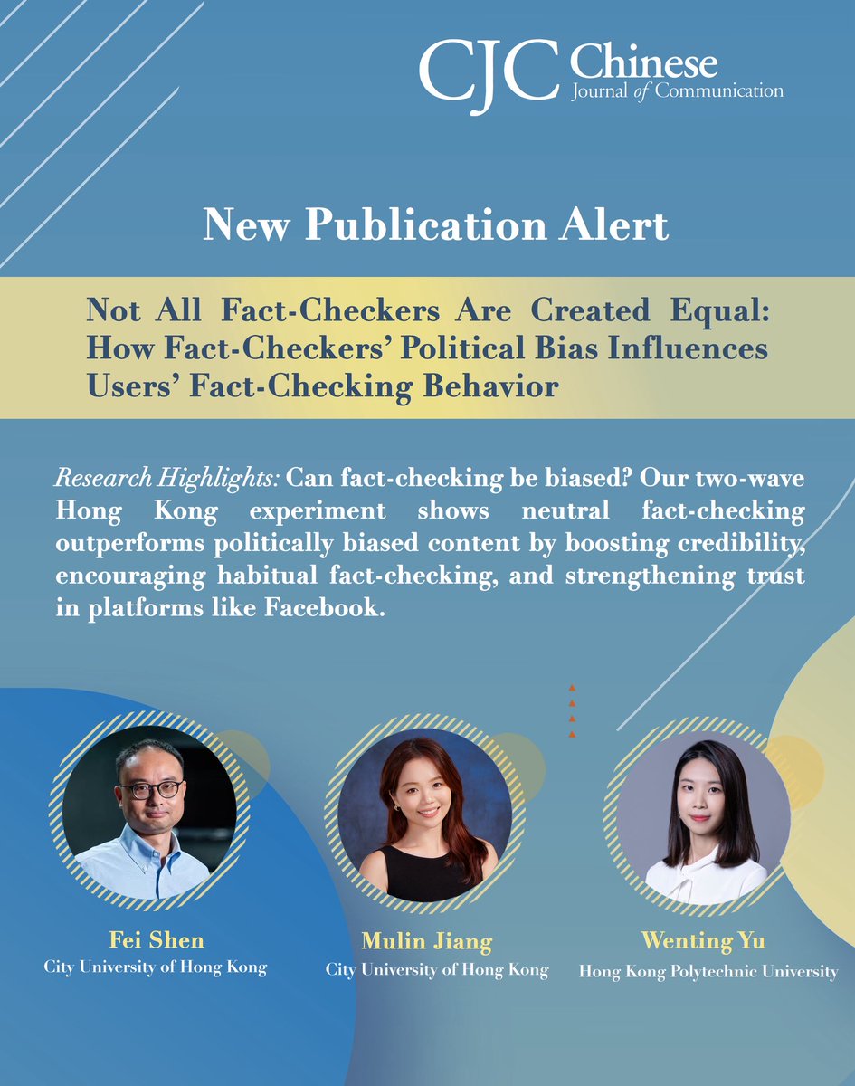 New pub alert! A new study by Shen, Jiang, and Yu shows that neutral fact-checking outperforms politically biased content by boosting credibility, encouraging habitual fact-checking, and strengthening trust in platforms like Facebook.

Read here: doi.org/10.1080/175447…