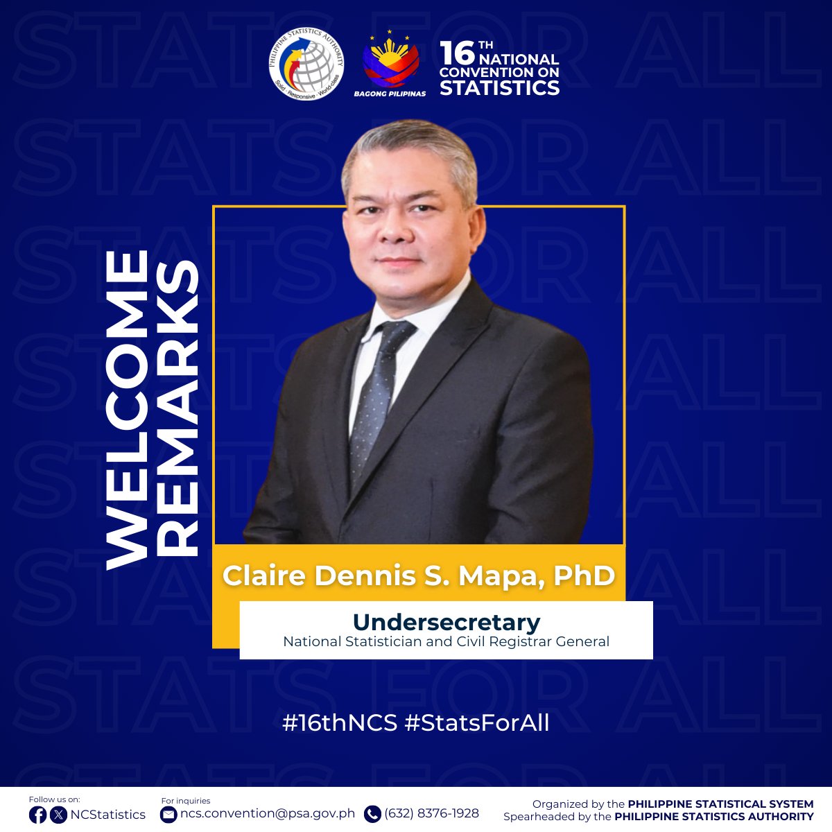 Be part of history as Undersecretary Claire Dennis S. Mapa, National Statistician and Civil Registrar General, opens the 16th National Convention on Statistics and welcome participants from across the country and the world.

📍 October 1–3, 2025 | The Manila Hotel
#16thNCS