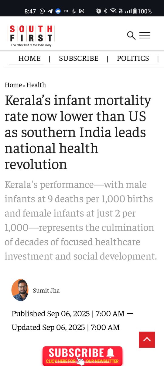 sumitjha__'s tweet image. This is how Southern states of India compete with western countries.
Kerala has achieved a remarkable public health milestone, recording an IMR of just 5 deaths per 1,000 live births in 2023, lower than the United States’ rate of 5.6 per 1,000 births.
thesouthfirst.com/health/keralas…