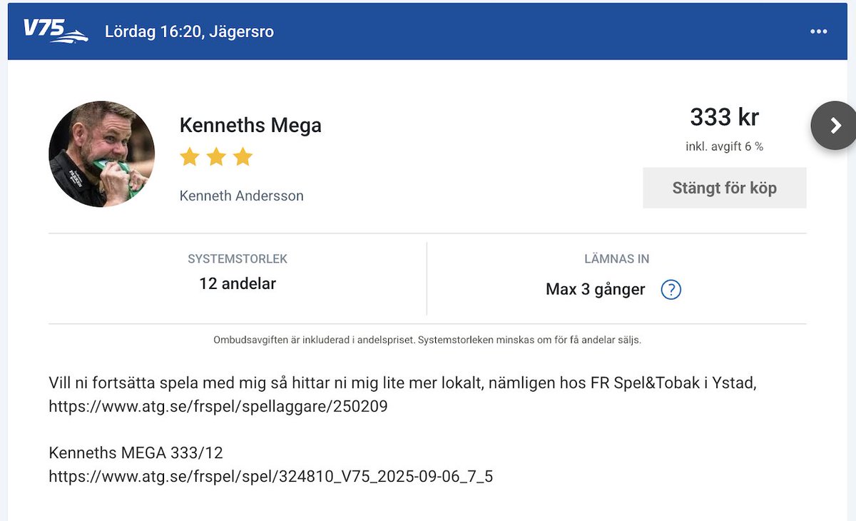INFO!
Vill ni fortsätta spela med mig så hittar ni mig lite mer lokalt, nämligen hos FR Spel&amp;Tobak i Ystad, atg.se/frspel/spellag…

Kenneths MEGA 333/12
atg.se/frspel/spel/32…