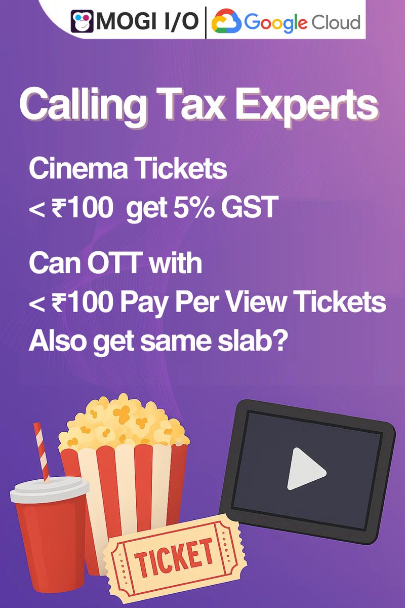 MogiOTTSolution's tweet image. The GST Council has reduced tax on cinema tickets up to ₹100 — from 12% to 5%. A big boost for single screens and smaller towns.

Does that mean that a pay-per-view OTT where &quot;ticket&quot; is priced under ₹100 can also charge 5% GST instead of 18% GST

Tax experts —your views are…