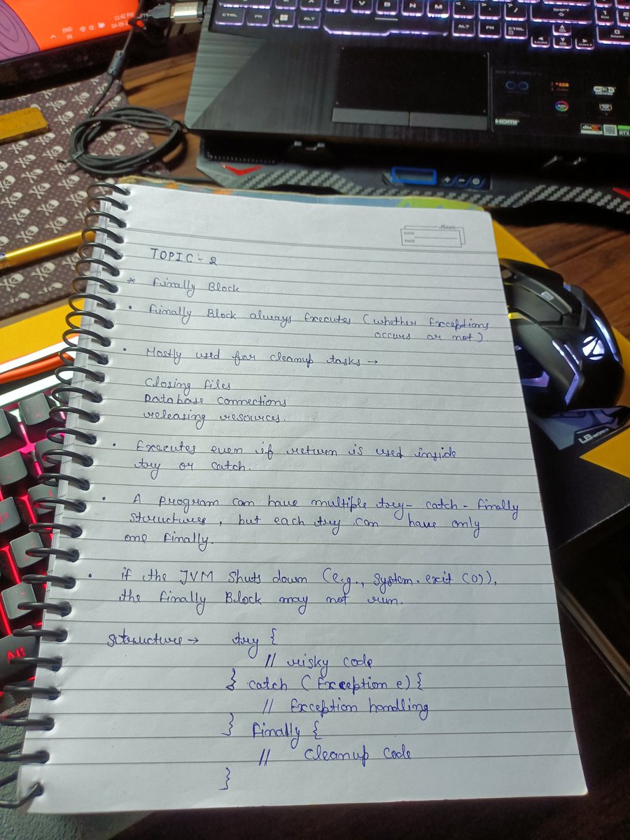 Bhanu_Codes_404's tweet image. Day 26/365 Core Java #365DaysOfCode &amp; #100DaysofJava 🚀
&gt; Today's topic After Exception Handling 👇
✔️ Finally block
✔️ Tasks -&gt;
✔️ Structure
✔️ Example &gt; CODE
#letsconnect
#BuildInPublic
#LearnToCode
#TechTwitter
#Java
#DevCommunity
#Database