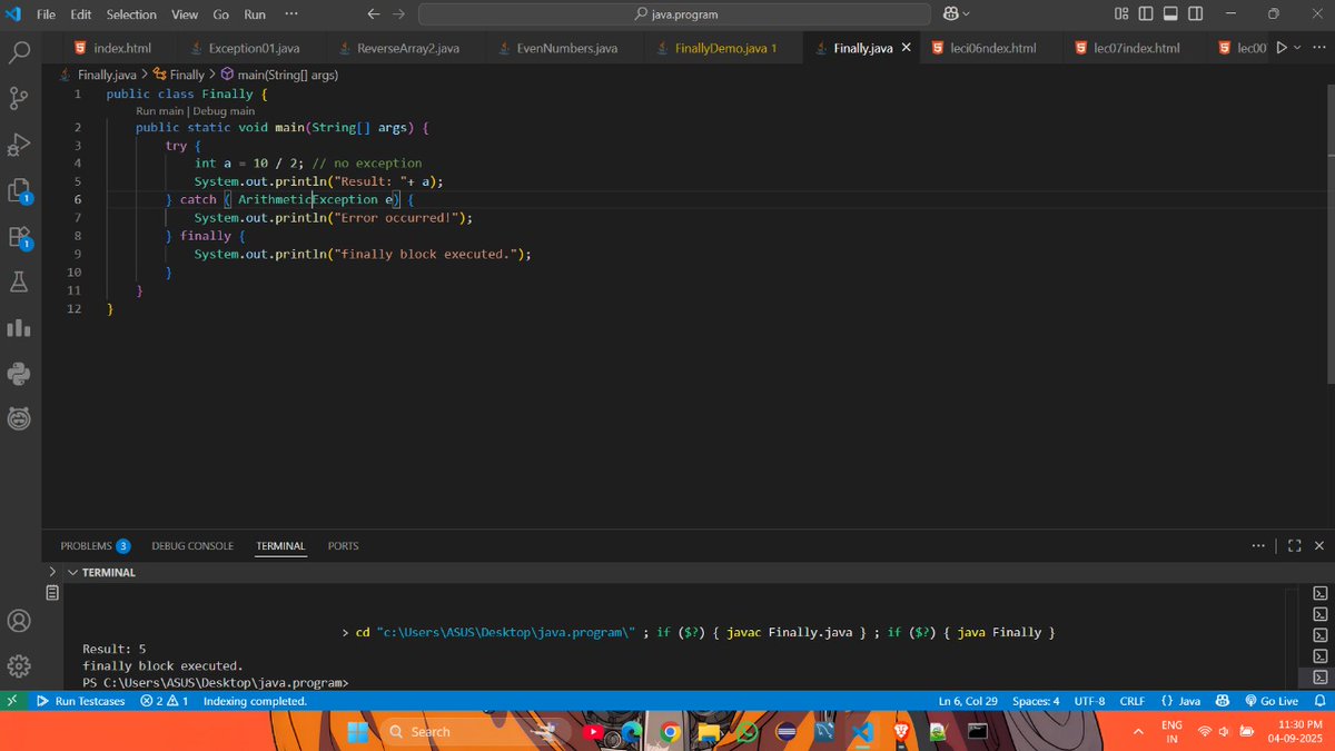 Bhanu_Codes_404's tweet image. Day 26/365 Core Java #365DaysOfCode &amp; #100DaysofJava 🚀
&gt; Today's topic After Exception Handling 👇
✔️ Finally block
✔️ Tasks -&gt;
✔️ Structure
✔️ Example &gt; CODE
#letsconnect
#BuildInPublic
#LearnToCode
#TechTwitter
#Java
#DevCommunity
#Database