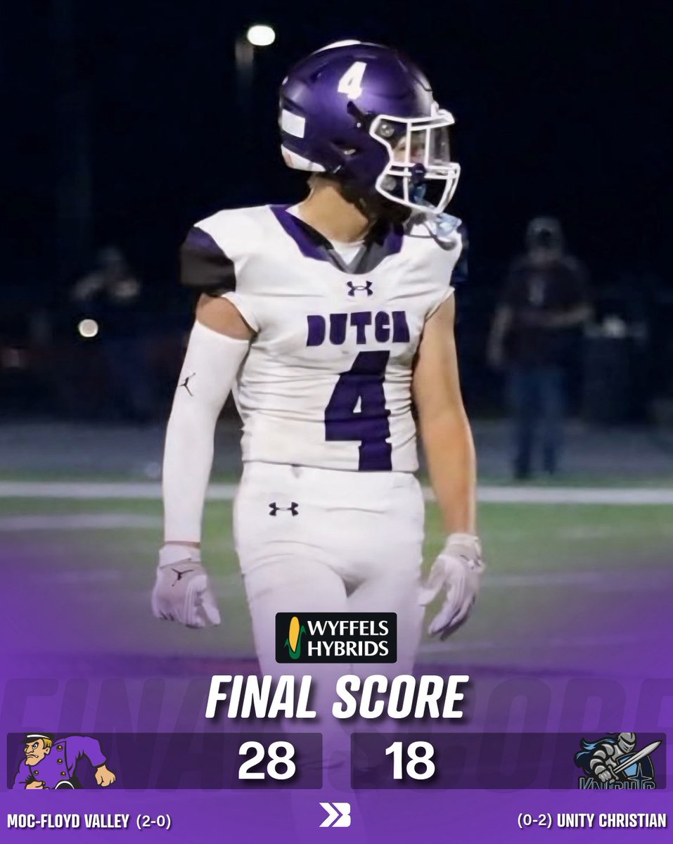 MOC-Floyd Valley defeats Unity Christian in the Tulip Bowl 👀

A big win for the Dutch as they move to 2-0 💜

#iahsfb Instagram