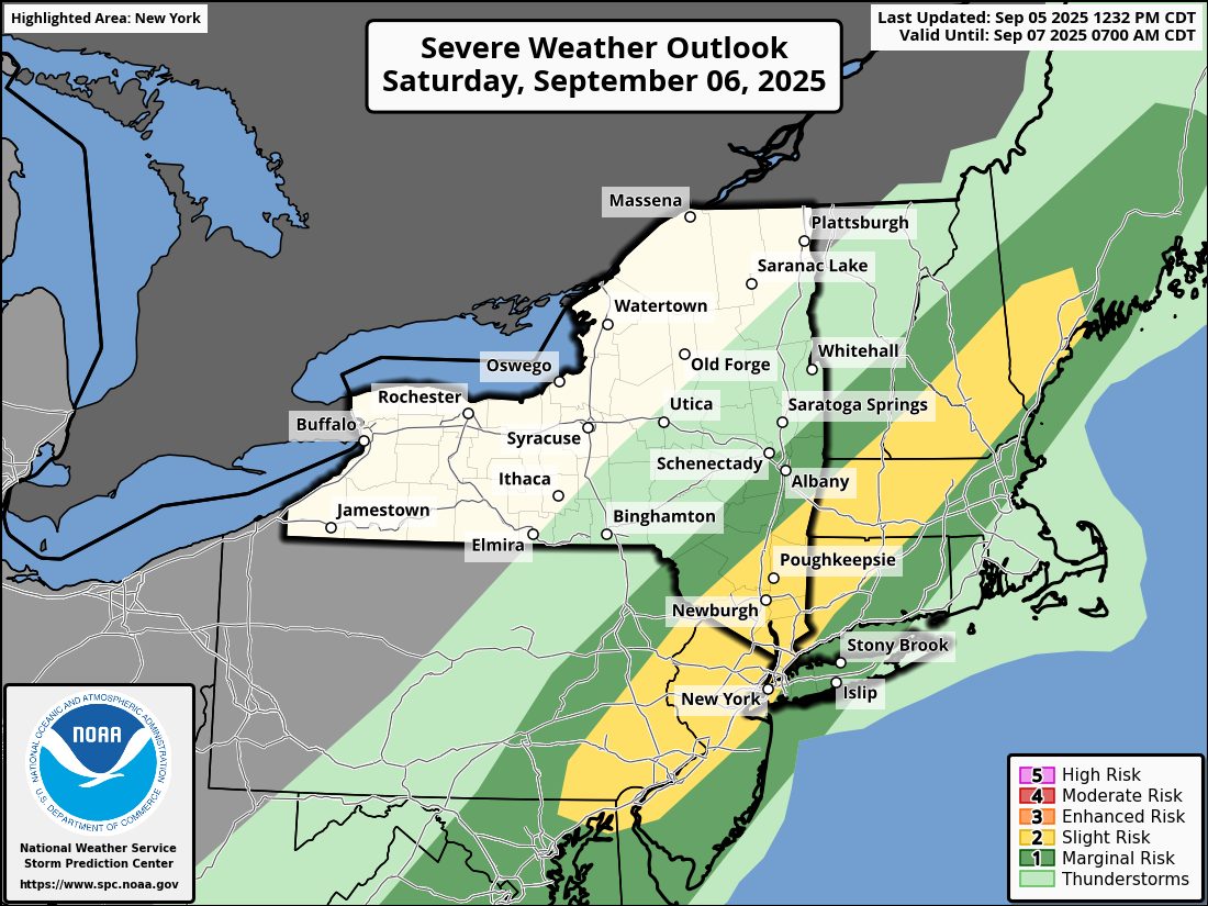 WHERE WILL YOU BE BETWEEN 4 AND 6:P.M. ON SATURDAY? NOAA'S Storm Prediction Center has the Lower Hudson Valley inside a Level 2 zone for possible severe weather, with potentially damaging wind gusts; dime-to-nickel sized hail and even a slight risk of a tornado.  Stay safe! 😲