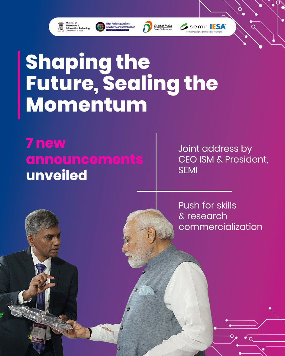 SemiconIndia's tweet photo. The closing ceremony of #SEMICONIndia2025 sealed India’s commitment to semiconductor leadership. With 7 fresh announcements, the momentum continues to build a robust chip design & manufacturing ecosystem.  

#SemiconIndia #IndiaSemiconductorMission #DigitalIndia #IndiaTechade #MakeInIndia