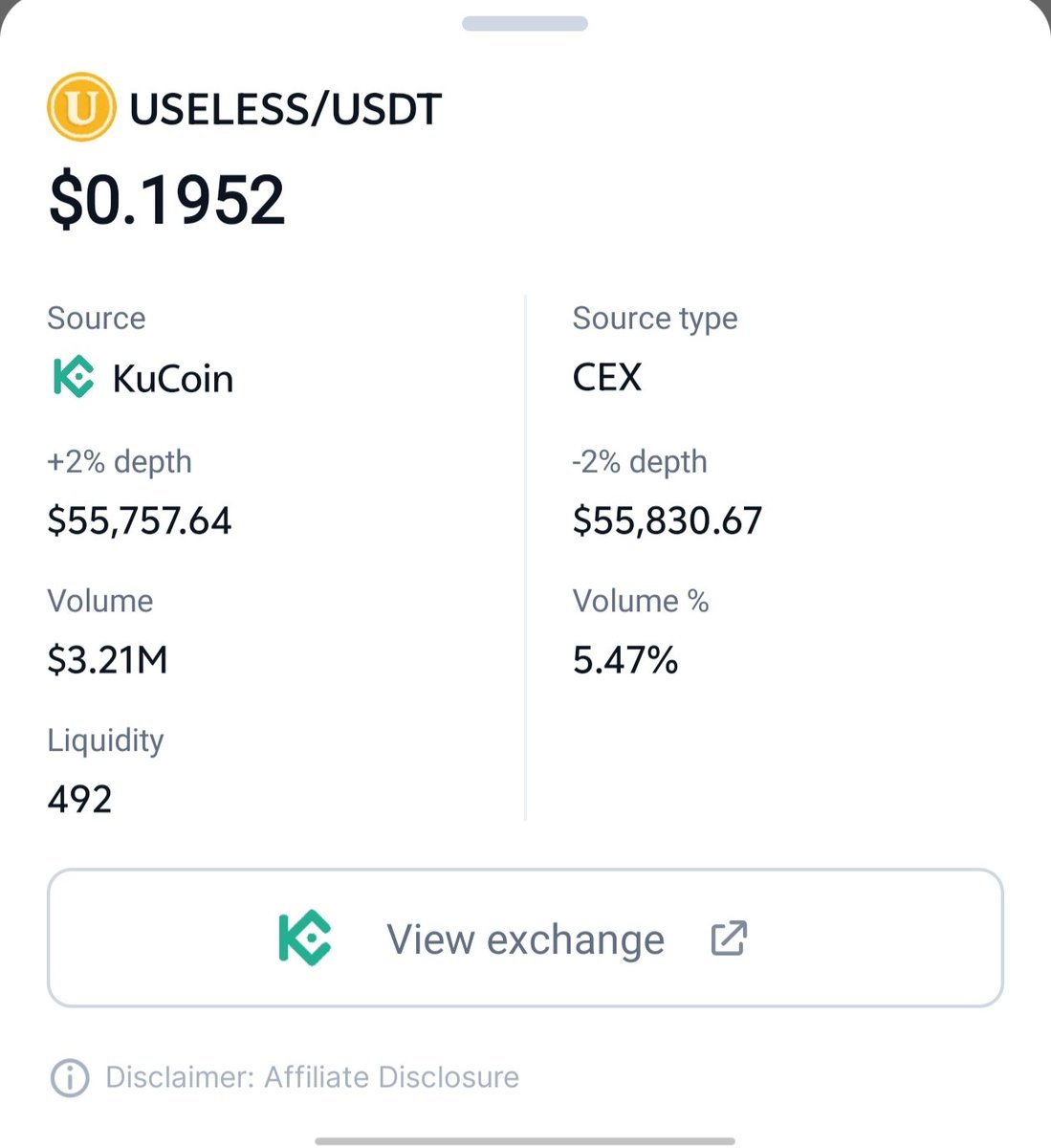 Tonima605's tweet photo. @LBank_Exchange Spotted: $USELESS/USDT Coin has lower liquidity on @LBank_Exchange vs Kucion !

📉 LBank Liquidity:372  | Vol: $2.51M
📈 Kucion  Liquidity: 492 | Vol: $3.21M

🔍 Kucion offers tighter spreads &amp; deeper books — LBank traders may face higher slippage risk!

@Fazle211  @DcPurn https://t.co/rOfu0f695w