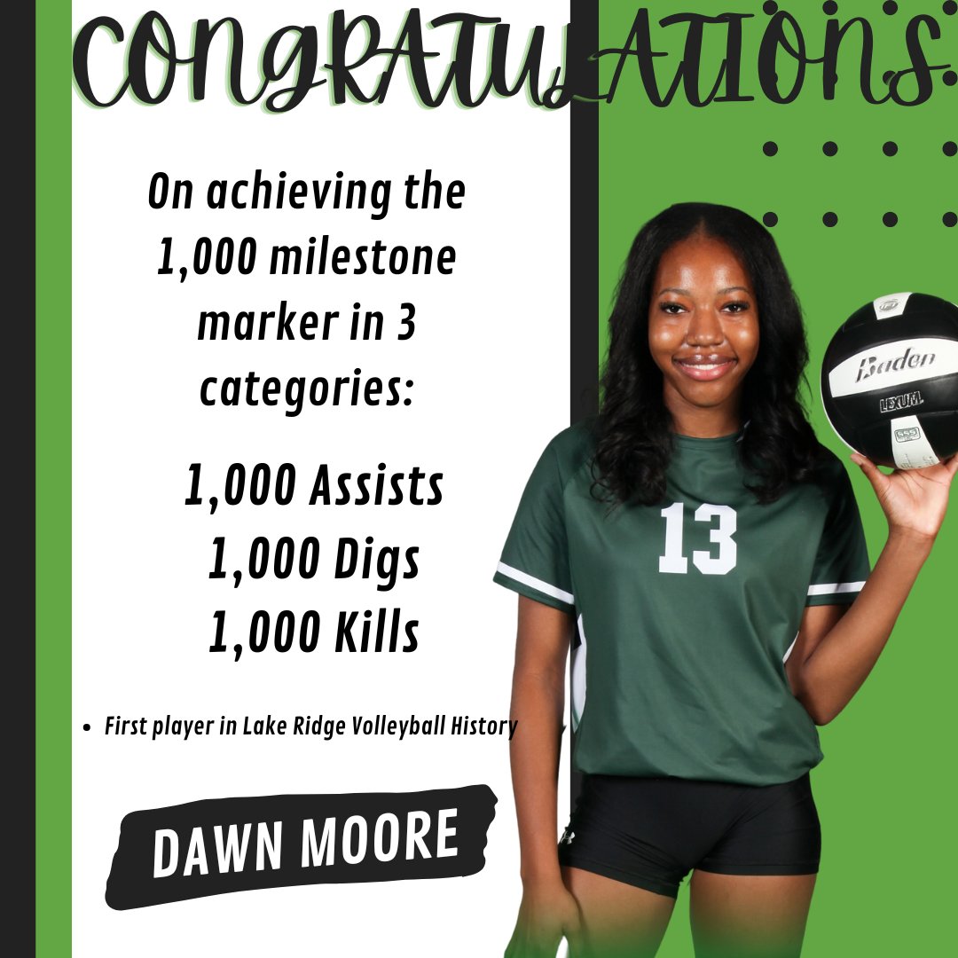 During week 3 our very own Dawn Moore hit 1,000 kills &amp; digs. She becomes the first player in Lake Ridge volleyball history to hit the trifecta of assists, digs, and kills. We are so proud of you &amp; let's go for 1,000 more. #dominate <a href="/MISDathletics/">MISD Athletics Dept.</a> <a href="/mansfieldisd/">Mansfield ISD</a> <a href="/LakeRidgeEagles/">LakeRidgeHighSchool</a>