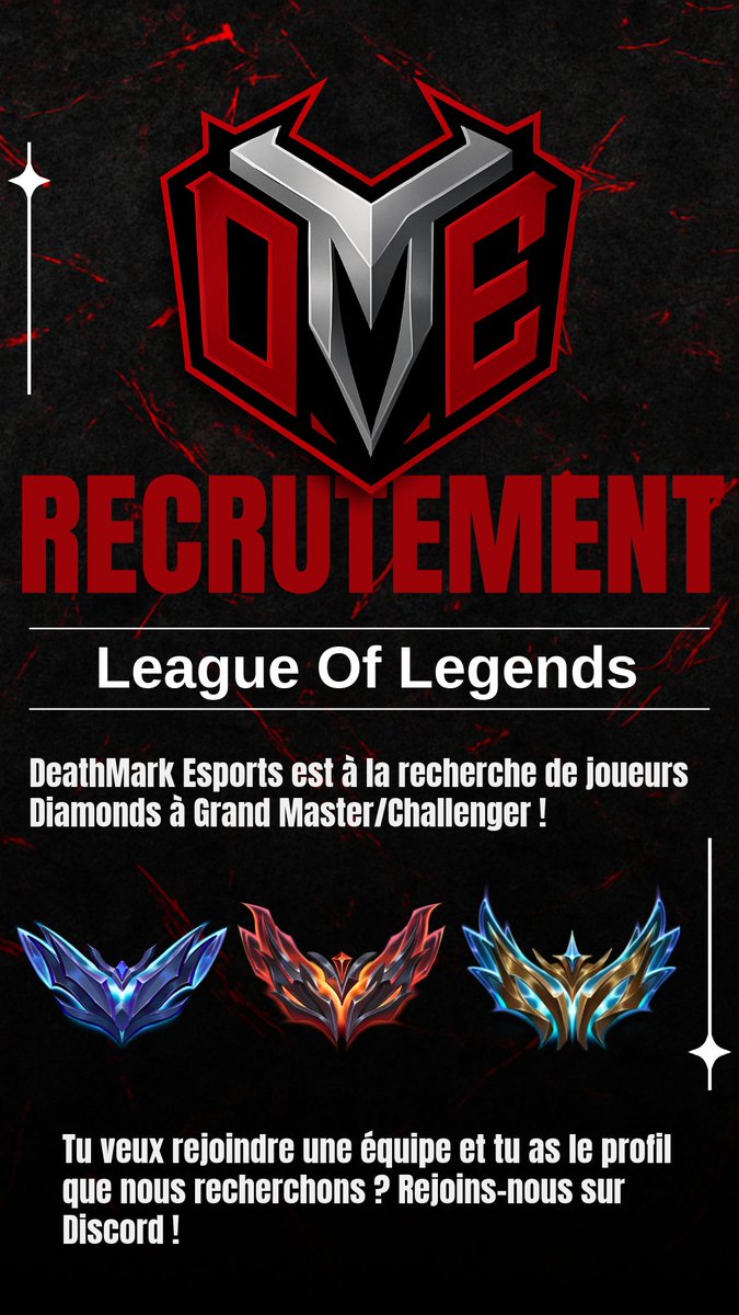Salut à tous,
La DME est à la recherche de joueurs Diamant à Challenger pour former de nouveaux rosters compétitifs destinés à l’AML et l’ADL !
Comment nous rejoindre ?
Tu peux nous rejoindre ici discord.gg/hzwPFC94 ou
Envoie directement un DM à Coussinhoo sur Discord