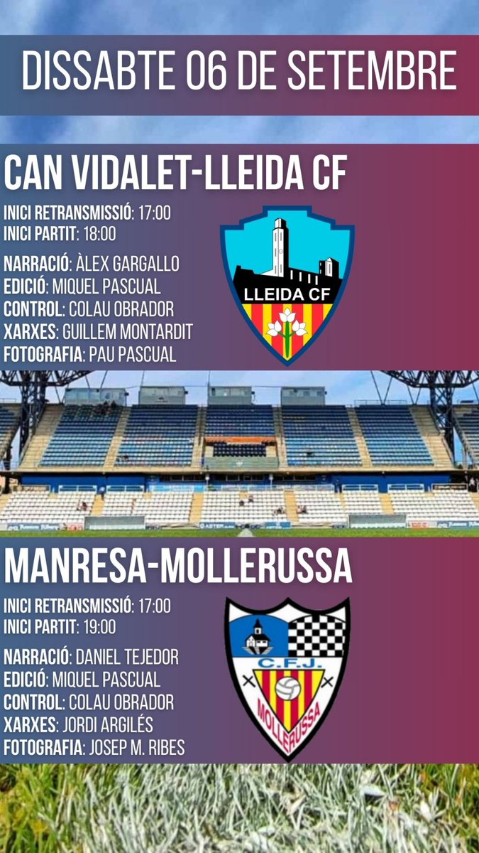 💥TARDA DE <a href="/LleidaCF/">Lleida CF</a> I DE <a href="/CFJ_Mollerussa/">CFJ Mollerussa</a>!⚽️

📻Comencem a les 17h amb la prèvia del CARRUSEL❗

🔗bit.ly/LleidaEnJoc

📋ALINEACIÓ DE #LleidaEnJoc👇

🎙️<a href="/AlexGargallo_/">Àlex Gargallo</a>
🎙️<a href="/Dteje17/">Daniel Tejedor Perez</a>
✍️<a href="/MiquelPascual99/">Miquel Pascual Prat</a>
⚙️<a href="/obradorllinas/">Colau Obrador Llinàs</a>
💻<a href="/montardito07/">Guillem Montardit🐌</a>
💻<a href="/JordiArgiles2/">Jordi Argiles</a>
📸<a href="/paupascu4/">pau pascual prat</a>
📸Josep M.Ribes