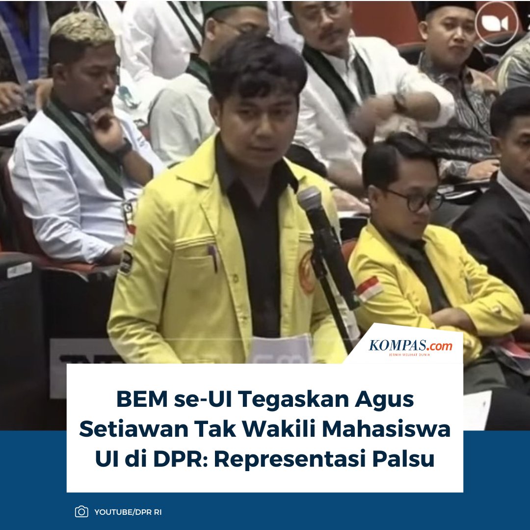 BEM SE-UI menyatakan penolakan terhadap Agus Setiawan, perwakilan UI yang hadir di pertemuan DPR pada Rabu (3/9/2025). 

Baca di sini: kompas.com/edu/read/2025/…

/ #UI #DPR