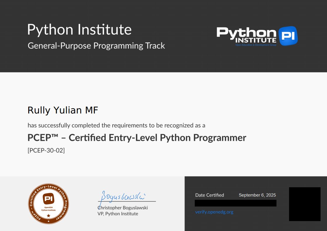 yulianmf's tweet image. Alhamdulillah...lulus juga PCEP Python Certified 😀
Entry level yang tidak mudah ujiannya 😅
Next? Mau ngambil topik ujian yang entry level lagi, karena yang associate biaya ujiannya mahal sekali 😀
#PCEP #PythonCertified #PythonInstitute