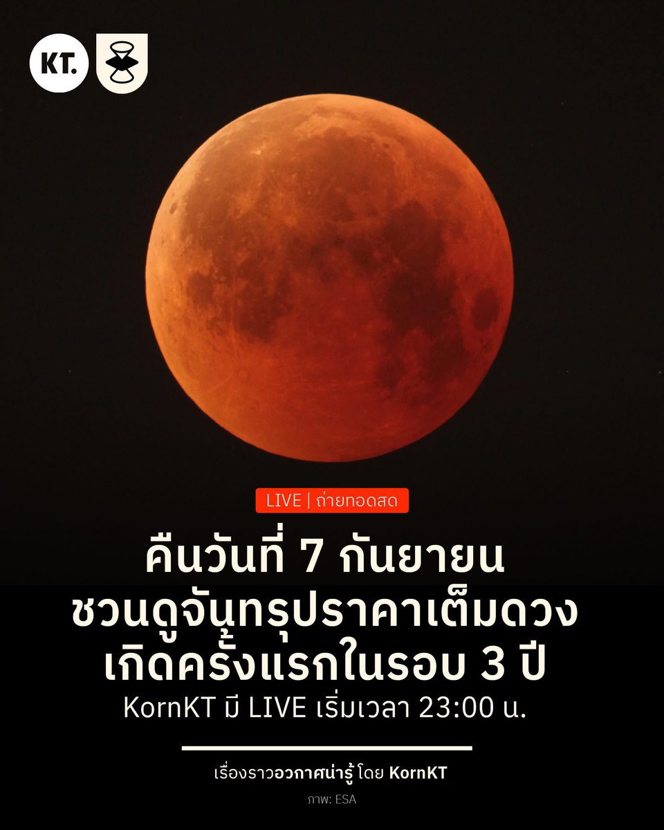 คืนวันพรุ่งนี้แล้ว! 7 กันยายน ชวนดูปรากฏการณ์จันทรุปราคาเต็มดวง เห็นดวงจันทร์ปรากฏเป็นสีแดงส้ม อยู่ใต้เงาโลกนานกว่า 1 ชั่วโมง 22 นาที

จันทรุปราคาเต็มดวง เกิดขึ้นเมื่อดวงอาทิตย์ โลก และดวงจันทร์ โคจรมาเรียงตัวอยู่ในแนวเดียวกันพอดี จนดวงจันทร์เข้าไปอยู่ในเงามืดของโลก