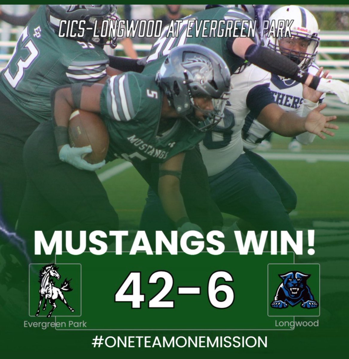 Varsity Mustangs win 42-6 over Longwood. Total Team Effort. Mustangs are 2-0 and host Tinley Park next Friday. 

Go Mustangs!!!!

#OneTeamOneMission