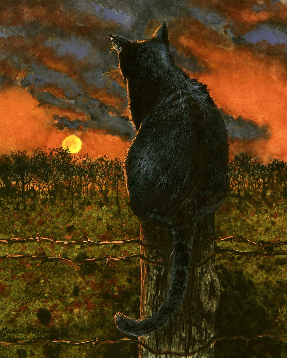 ...the moon spun round like a top,
And the nearest kin of the moon,
The creeping cat, looked up.

📕The Cat And the Moon, 1924🐈‍⬛
🖊️William Butler Yeats (Irish Poet)🐈‍⬛

🖼️Red Sky At Night, 2025🐈‍⬛
🎨Maggie Vandewalle (Iowa Based Artist)🐈‍⬛

ᓚᘏᗢ
