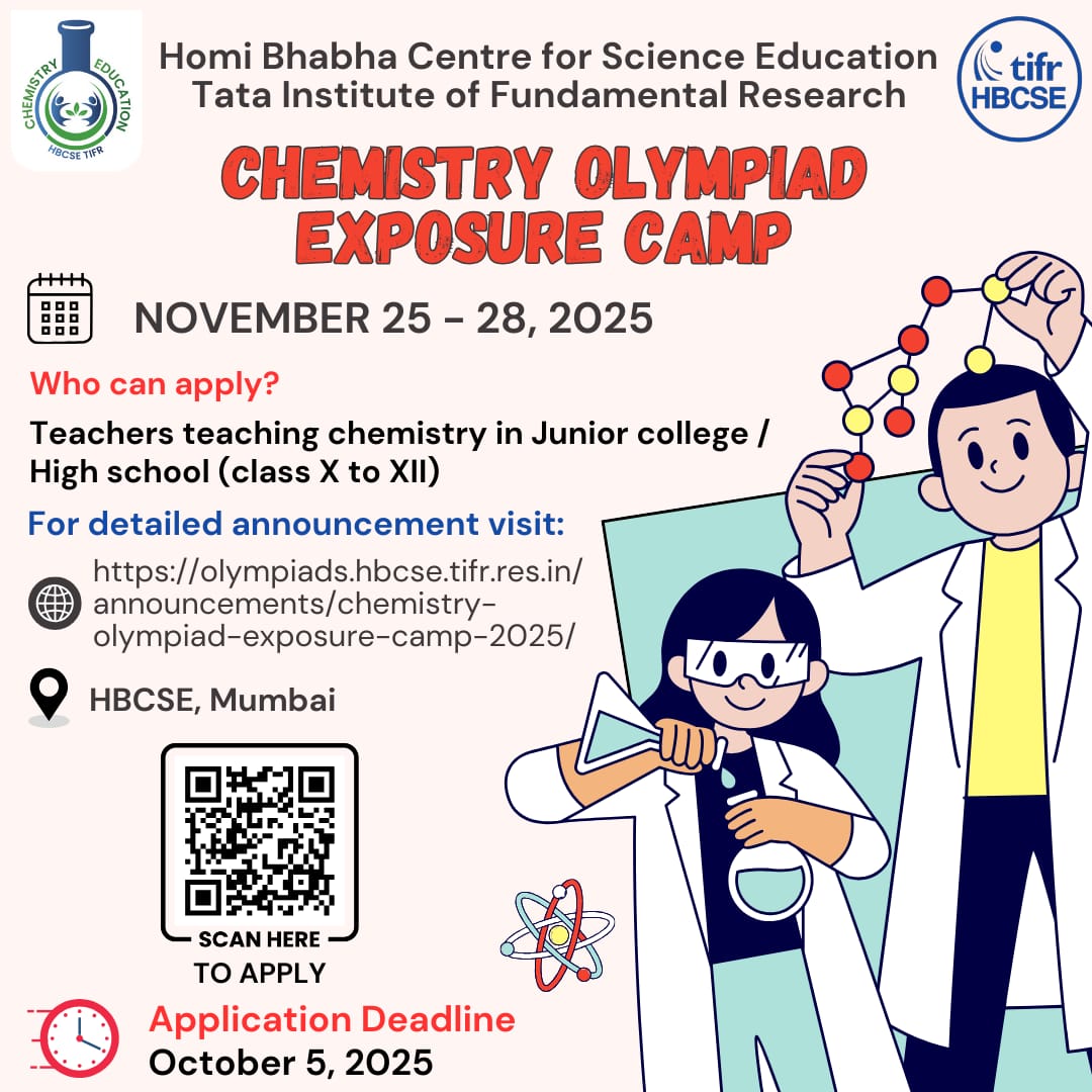 Be a part of Chemistry Olympiad Exposure Camp 2025. Calling Teachers teaching chemistry in High school/Jr. College. Hands-on Experimental Activities and pedagogical discussions with Chemistry experts, Nov 25-28, 2025. Deadline: Oct. 5, 2025
olympiads.hbcse.tifr.res.in/announcements/…