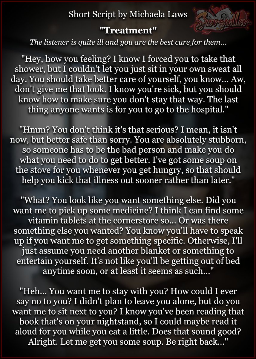 VAMichaelaLaws's tweet image. Inspired by the newest Love and Deepspace Banner     

FREE SHORT WHOLESOME ASMR SCRIPT ORDER UP HAVE FUN (and tell me if you record I need to hear this) 

[Illness][Sweet][Happy][Romantic][Friendly][Wholesome][Cute][ASMR]

#LoveAndDeepspace #ASMR #Script