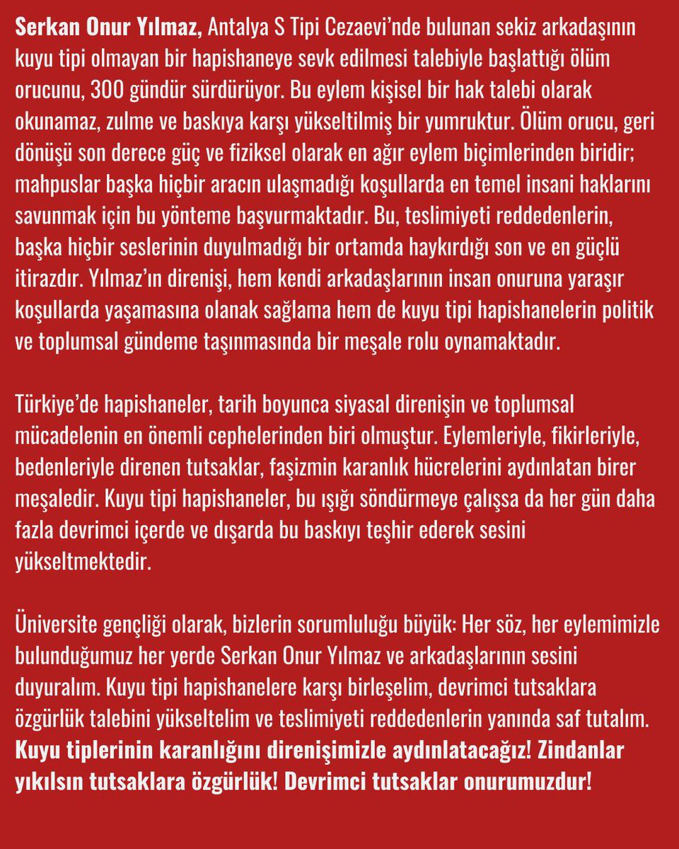 bilkentpps's tweet photo. Serkan Onur Yılmaz yalnız değildir, talepleri derhal karşılansın, kuyu tipi hapishaneler kapatılsın! https://t.co/UrMfvYM5Cx