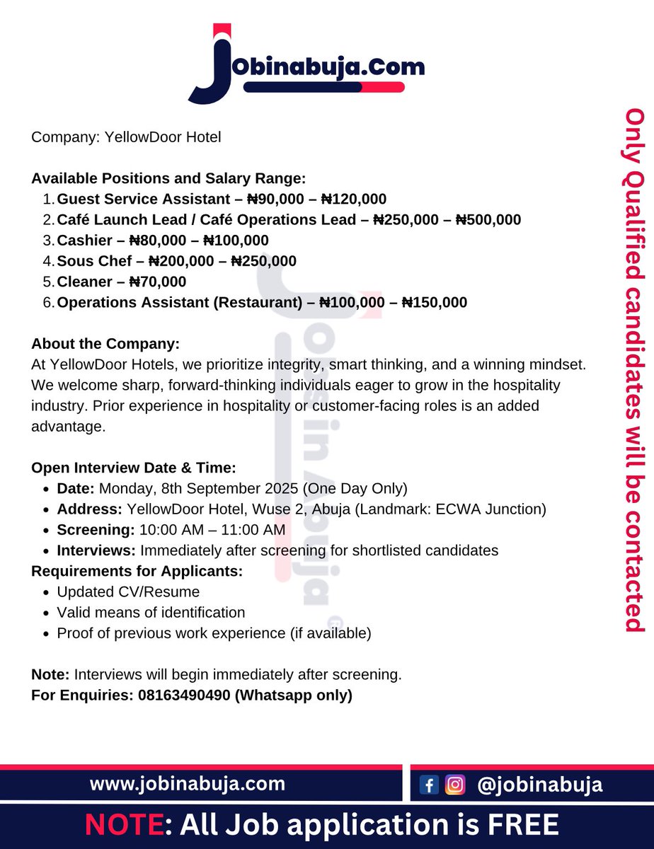 jobinabuja's tweet image. #jobsinabuja #walkininterview