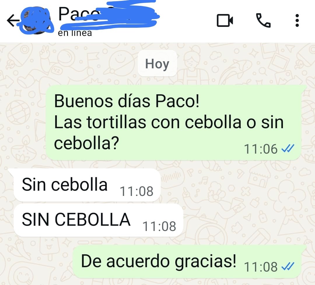 Hoy Paco se quiere llevar unas tortillas a casa y nos ha asaltado la duda que siempre surge del eterno debate.
Paco creo que lo tiene claro 😂😂😂
Y vosotros?